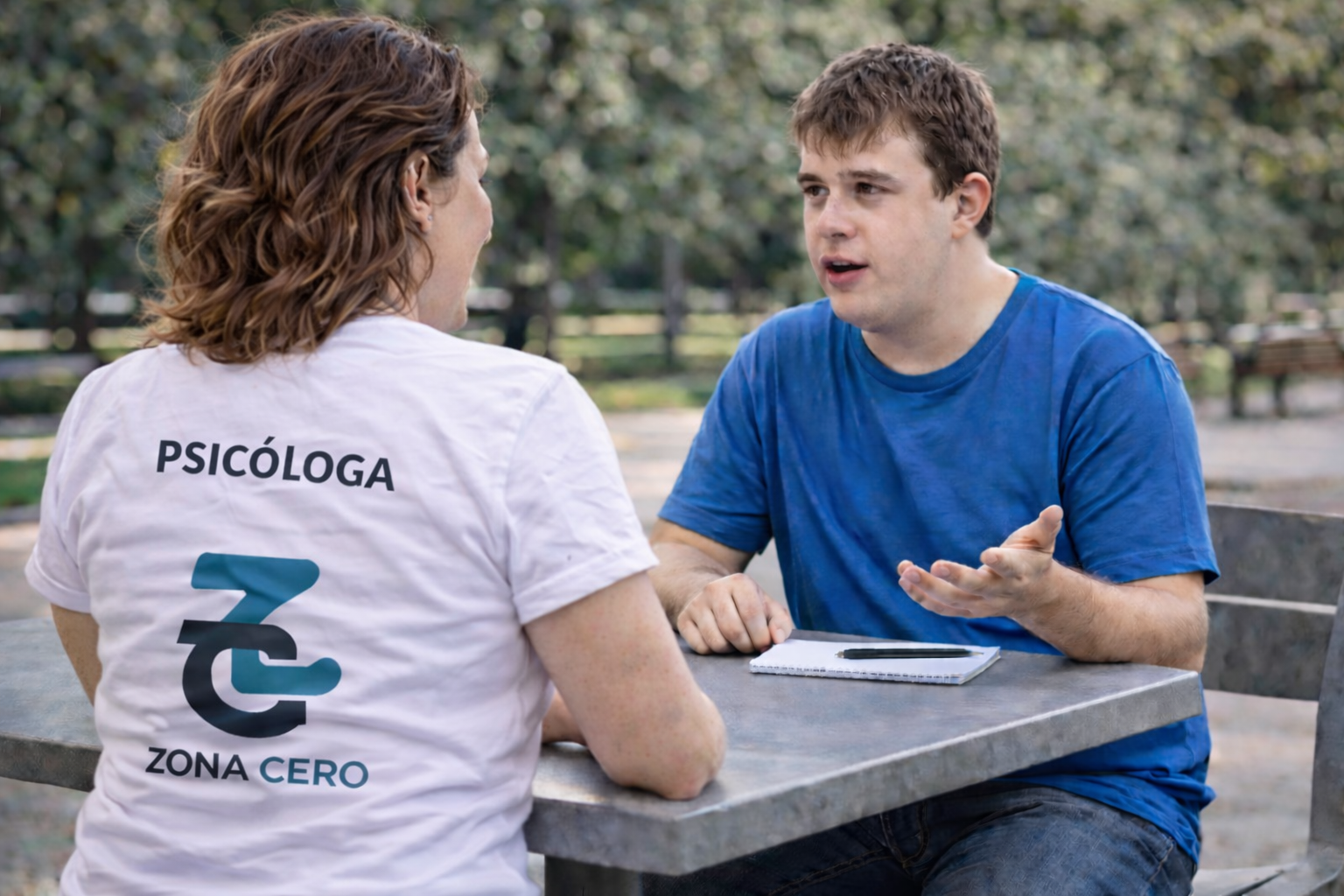 Profesional voluntaria conversando con un joven en un entorno exterior